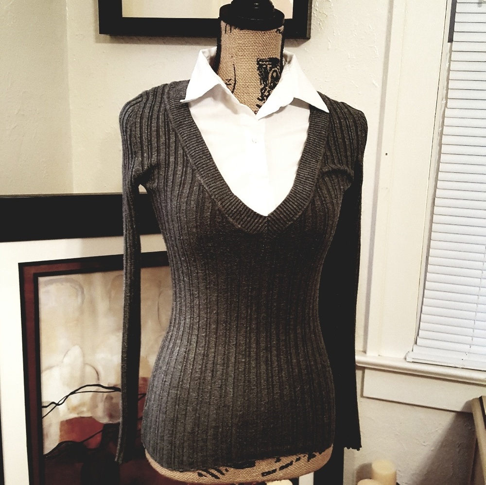 Gray sweater white shirt combo